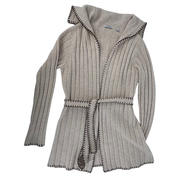 Halogen Sweaters - Halogen‎ Ribbed Knit Open Front Belted Cardigan Sweater Womens L Beige Hooded